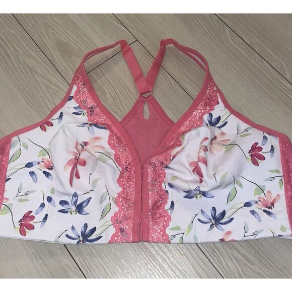 Cacique Unlined Full Coverage No Wire Bra Front Close Floral Womens 44D White - Picture 3 of 7